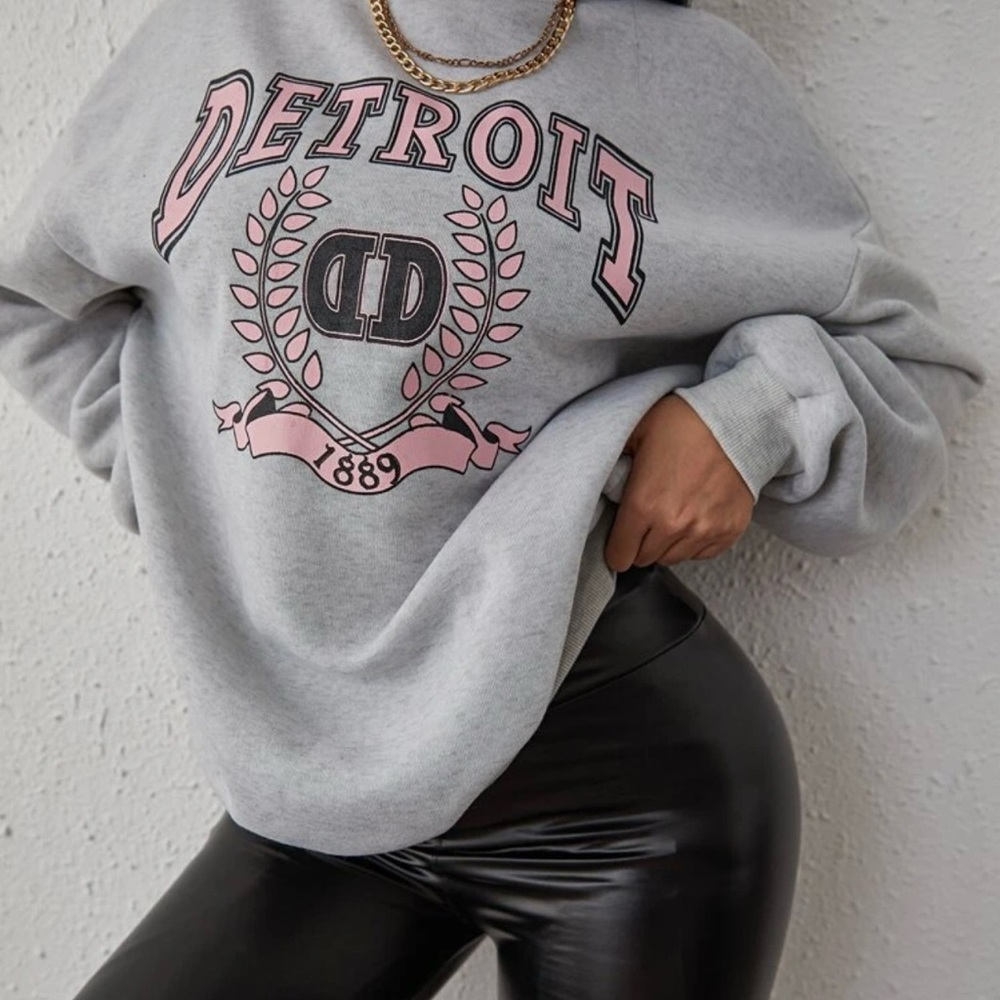 SHEIN Gray Sweatshirt with Pink Detroit Design